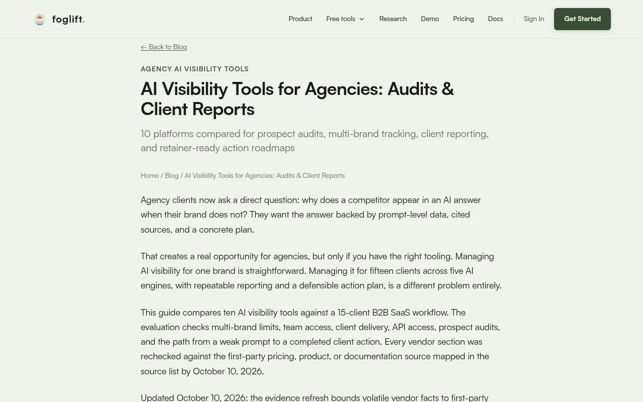 Foglift's agency guide comparing AI visibility tools for audits and client reports