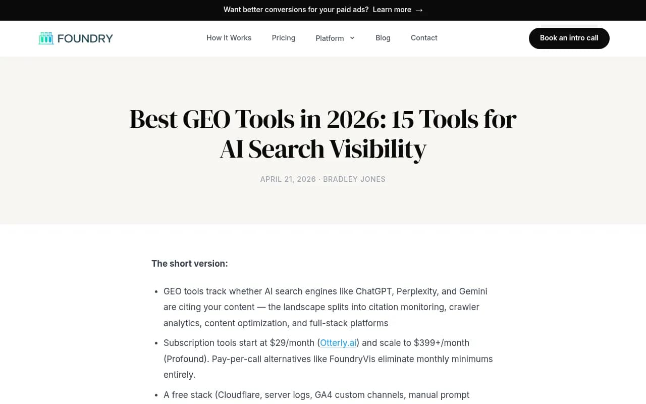 Foundry CRO's guide to 15 GEO tools, including crawler analytics and the free GEO stack