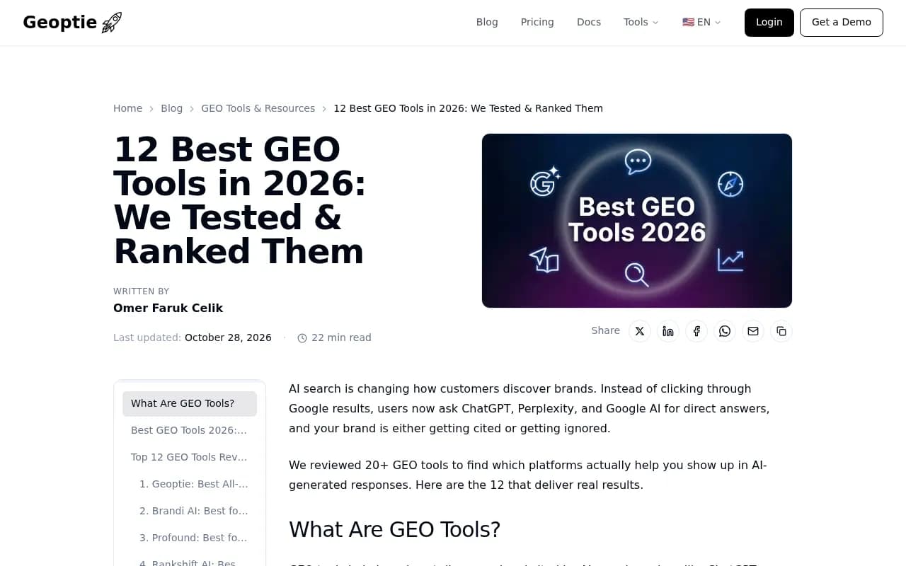 Geoptie's best GEO tools comparison, one of several vendor-written roundups used for research