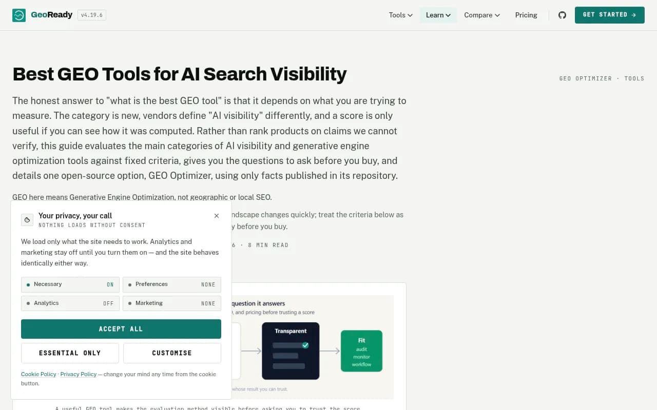 GeoReady's guide to choosing a GEO tool, showing how methodology and evidence should be visible before you trust a score