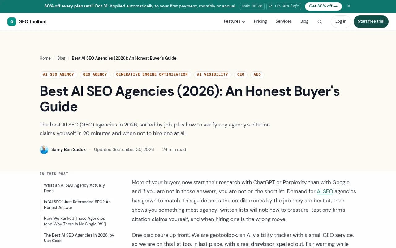 geotoolbox's buyer's guide to AI SEO agencies, which argues for measuring first
