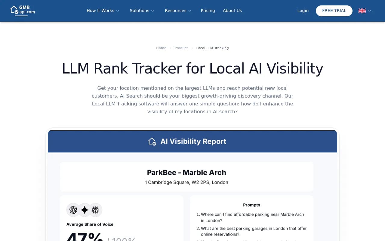 GMBapi's local LLM tracking page describing hyper-local AI visibility and the metrics it reports