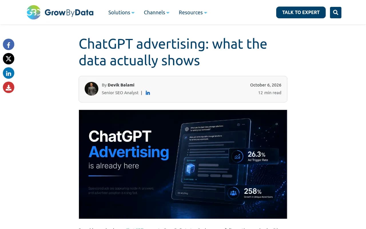 ChatGPT ad frequency and advertiser data shared by GrowByData, showing the kind of visibility tracking marketers are starting to layer on top of ChatGPT monitoring