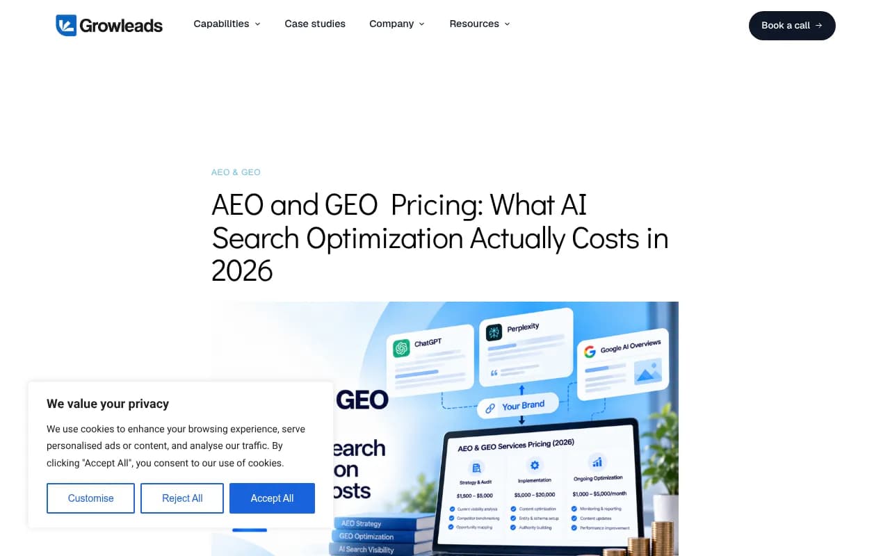 Growleads guide to AEO and GEO pricing in 2026, showing typical budget ranges