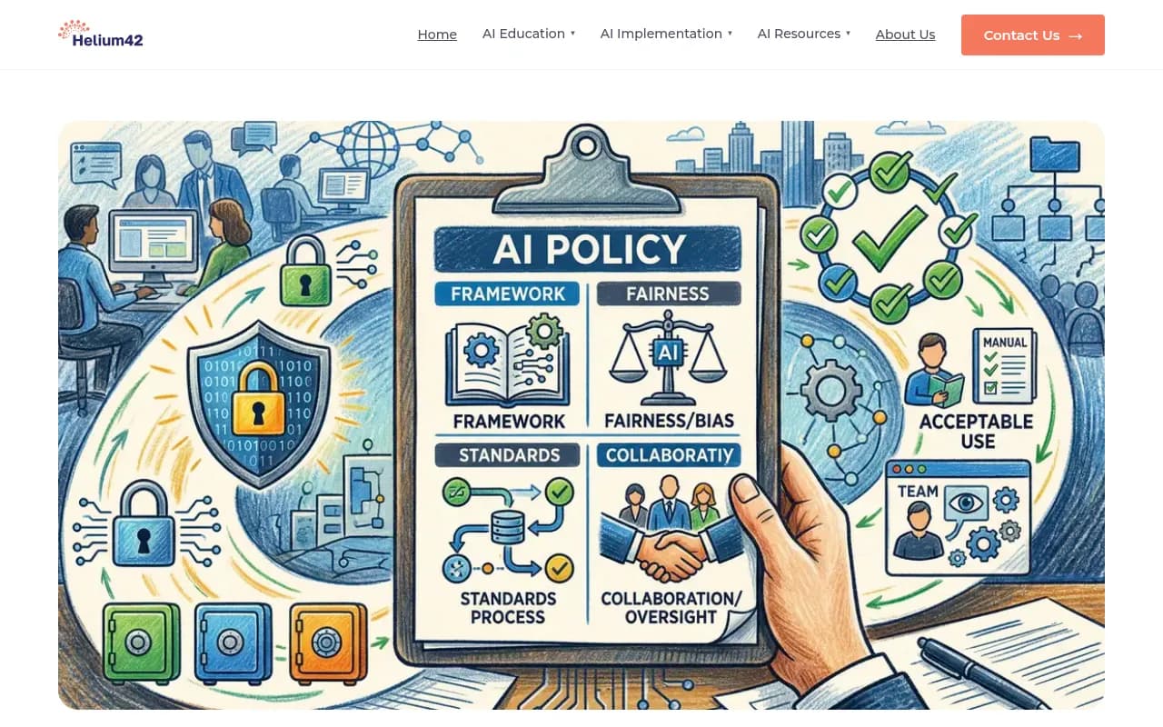Helium42 AI policy template guide showing the ten sections of an AI policy and implementation advice