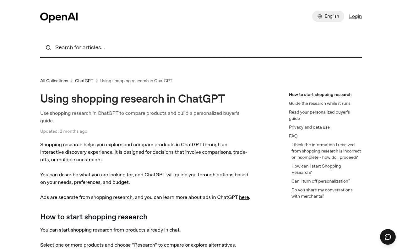 OpenAI's help center page explaining how shopping research works in ChatGPT