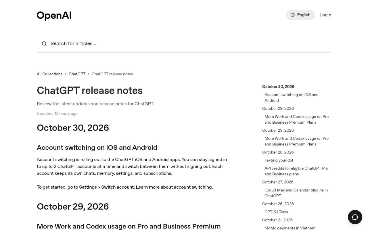 OpenAI's ChatGPT release notes listing model and feature changes