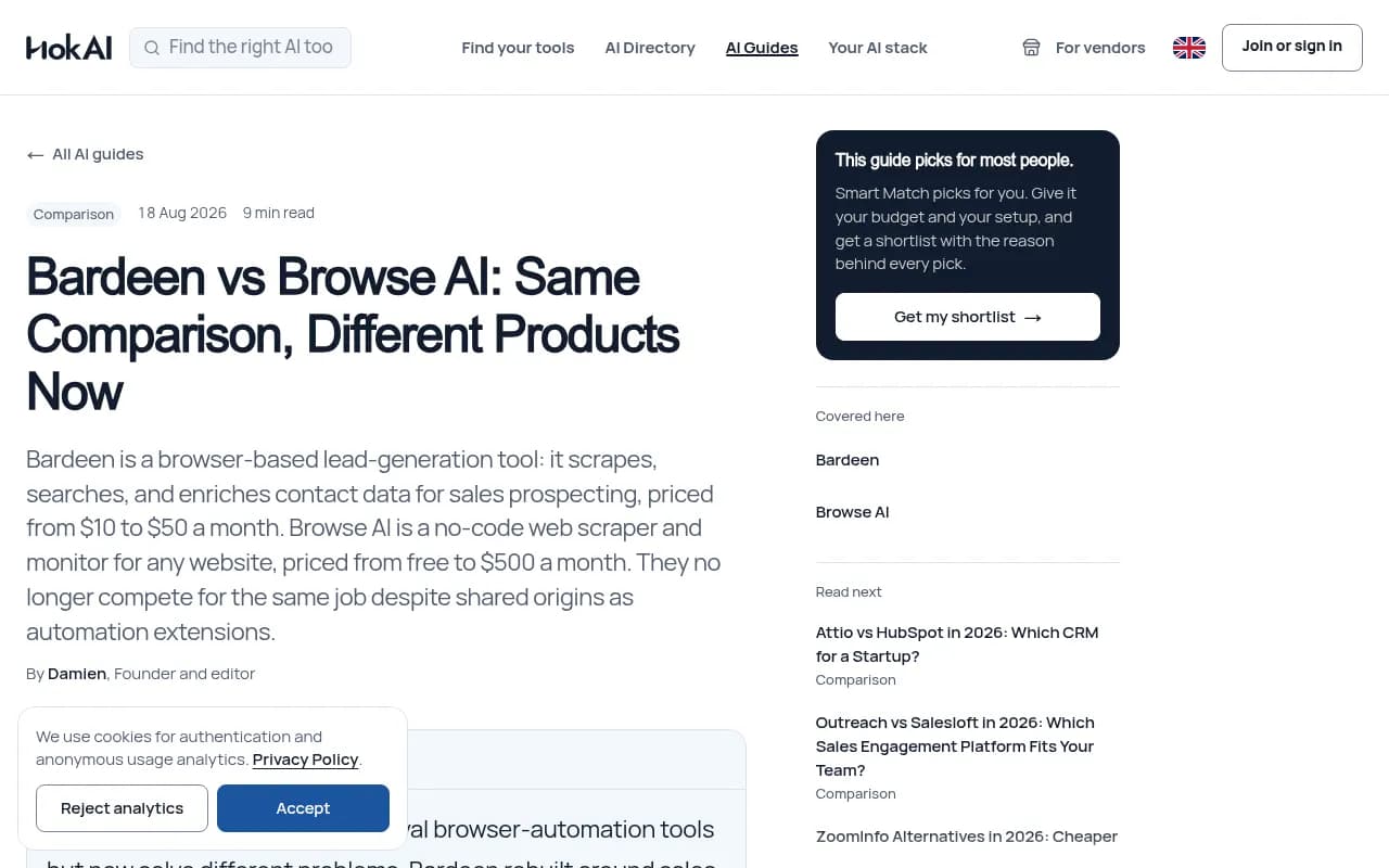 HokAI guide comparing Bardeen and Browse AI and the question of which job each tool is hired for