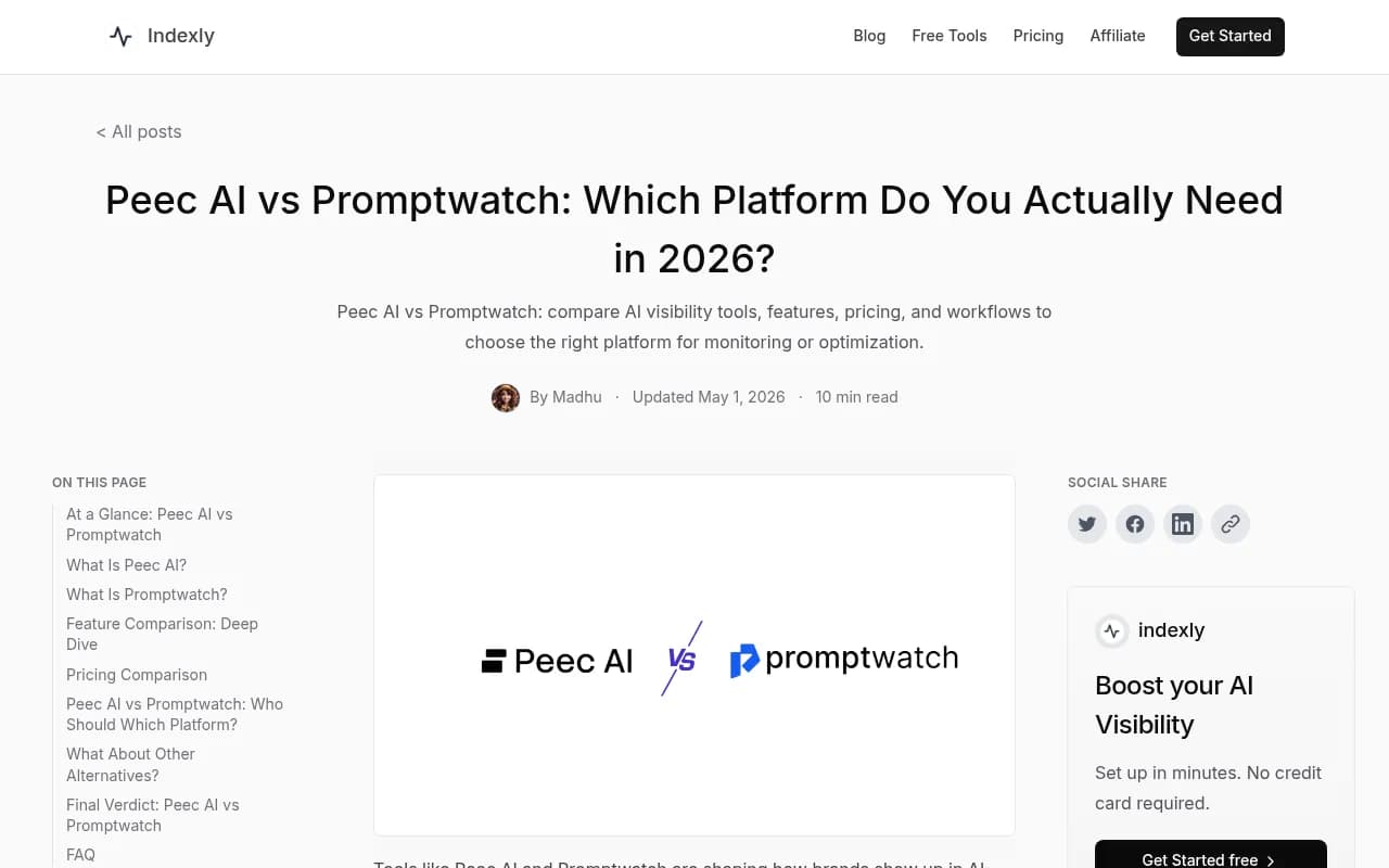 Side-by-side comparison of Peec AI and Promptwatch platforms