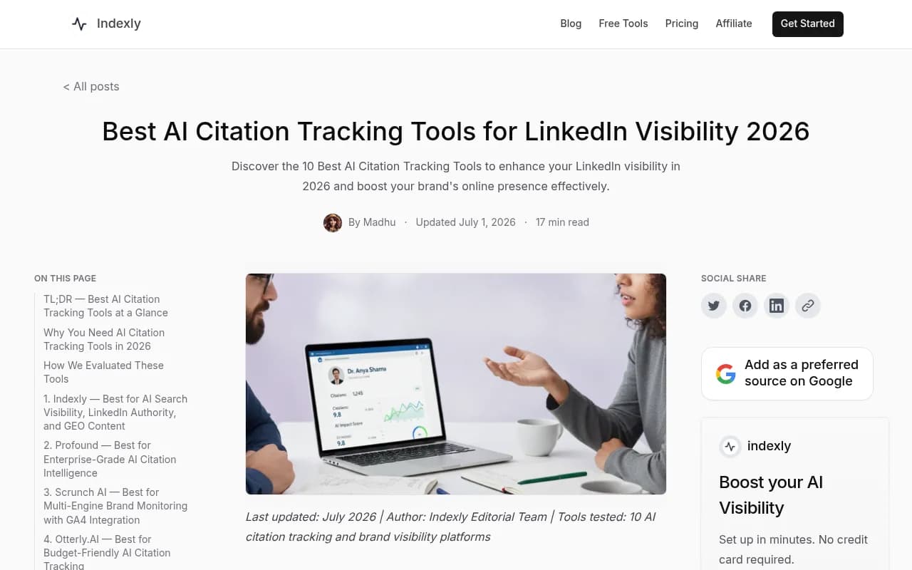 Indexly's published comparison of AI citation tracking tools for LinkedIn visibility