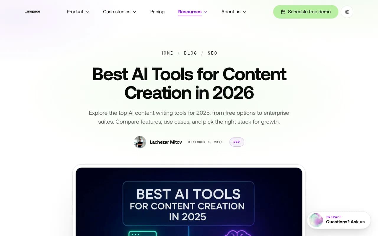 InSpace blog page on AI tools for content creation, showing the company's SEO-focused content