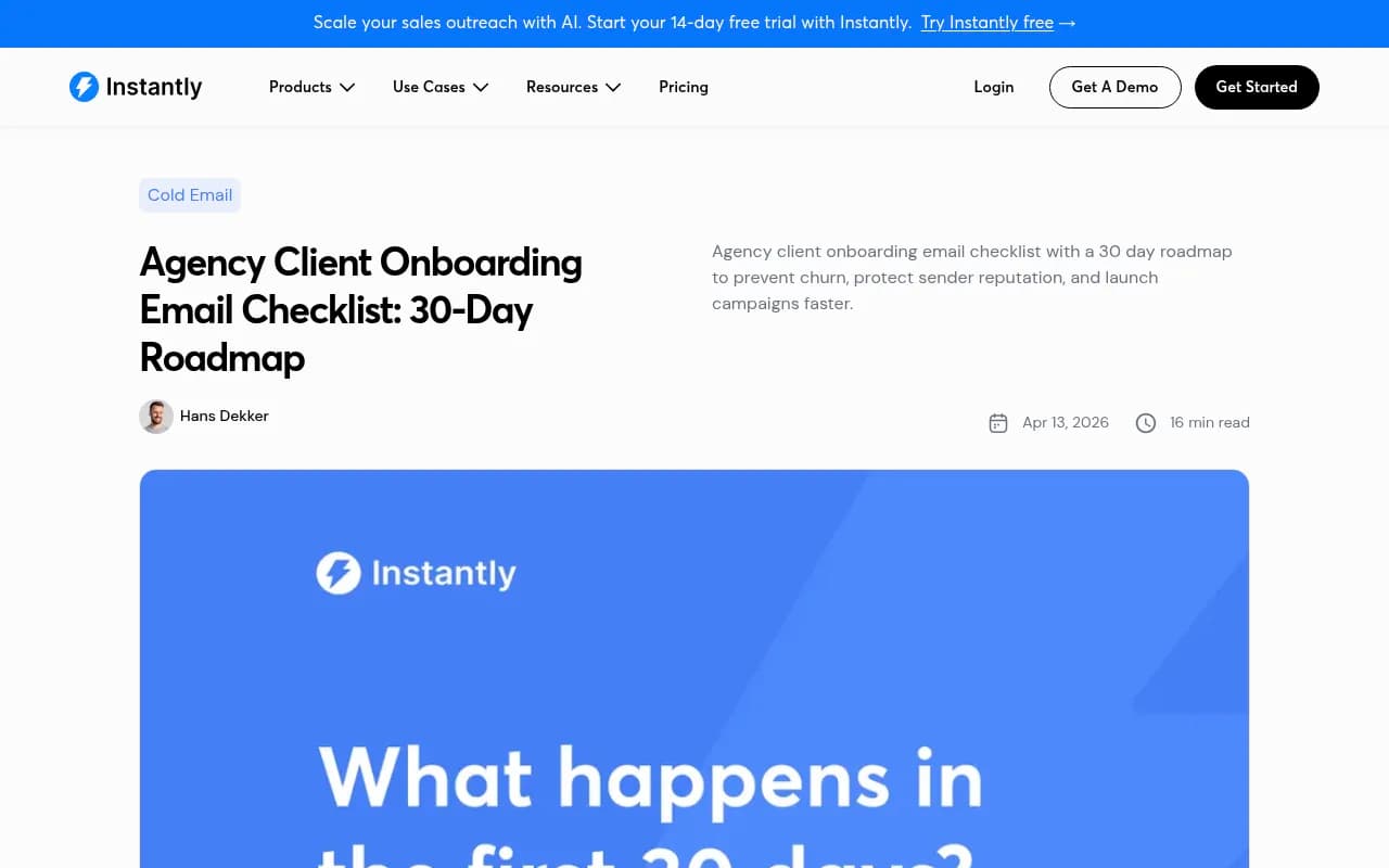 Agency client onboarding email checklist mapped across a 30-day schedule