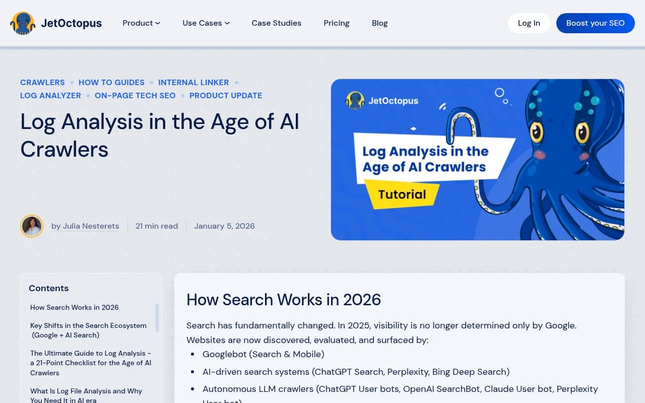 JetOctopus log analysis dashboard showing AI crawler activity and crawl patterns across different bot types