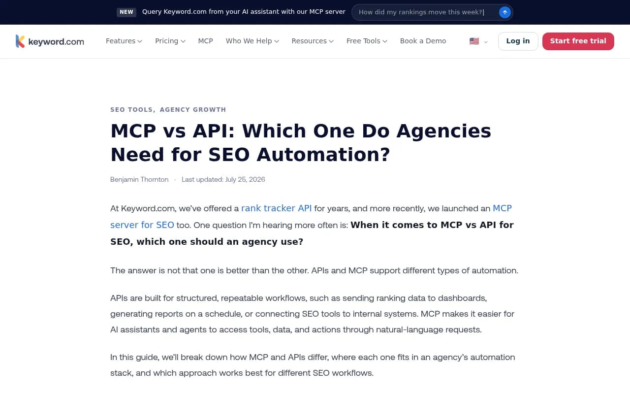 Keyword.com guide on MCP vs API for SEO agencies