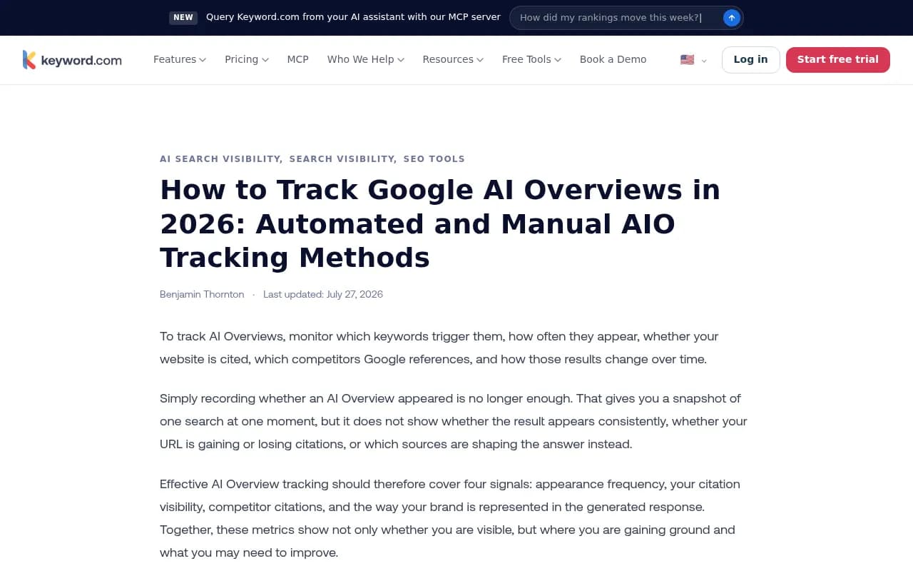 Keyword.com's walkthrough of tracking Google AI Overviews, including which metrics to monitor