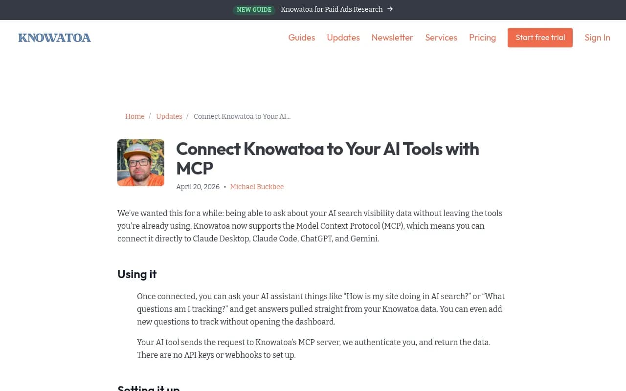 Knowatoa's MCP integration page showing how to connect its AI visibility data to Claude Desktop, Claude Code, ChatGPT and Gemini