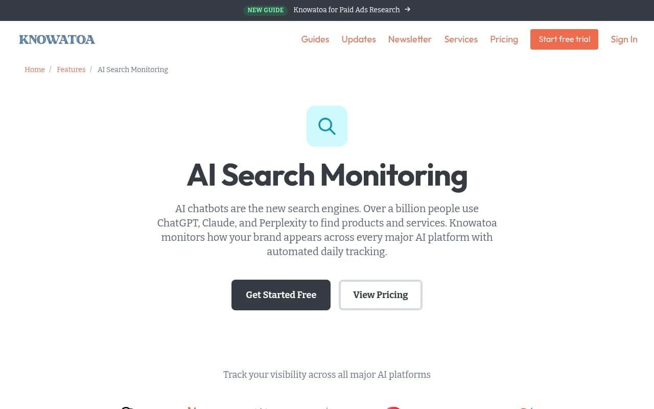 Knowatoa's AI search monitoring dashboard listing the seven AI platforms it tracks, including a dedicated AI Mode icon