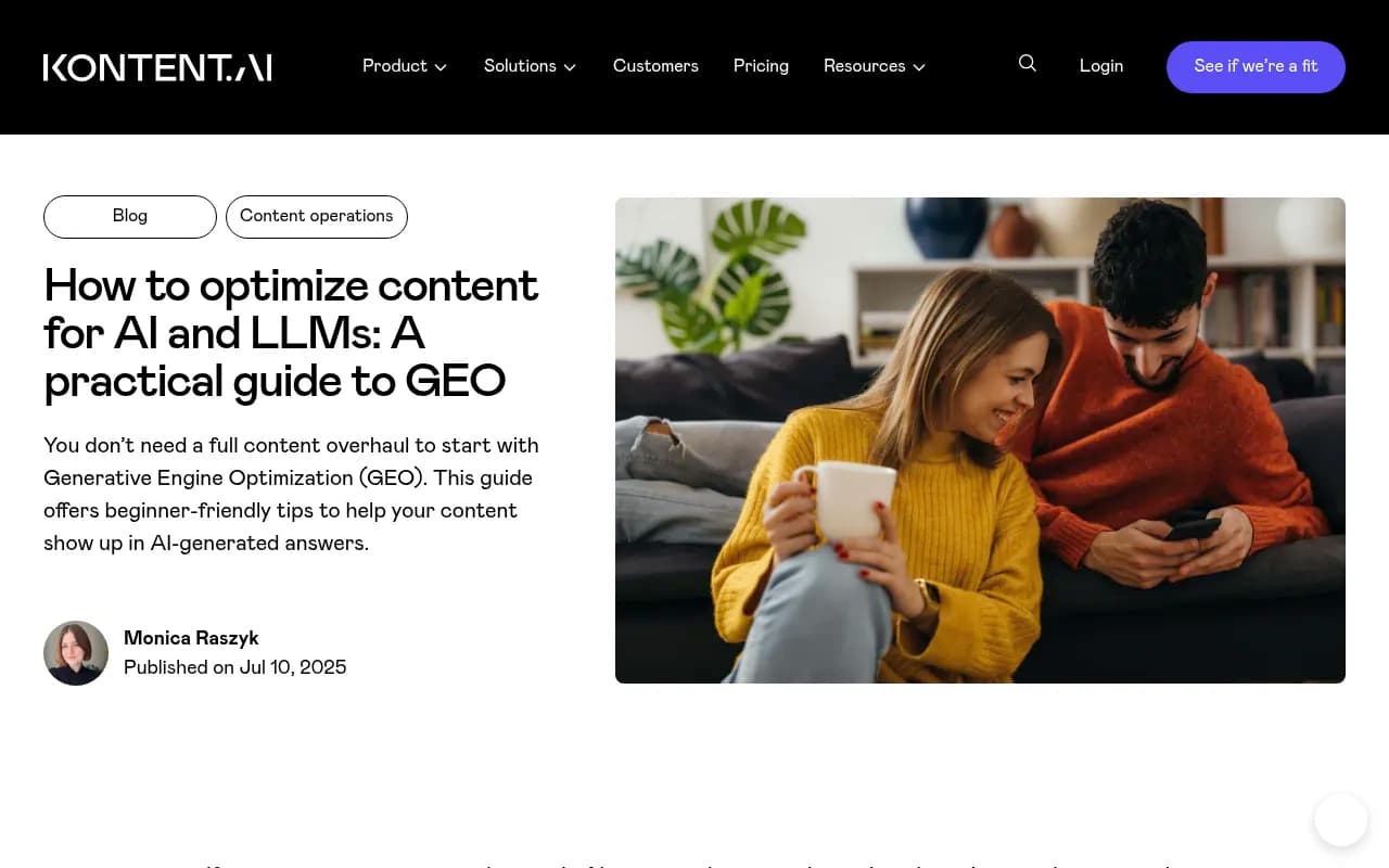 Practical GEO guide from Kontent.ai showing content optimization strategies for AI models