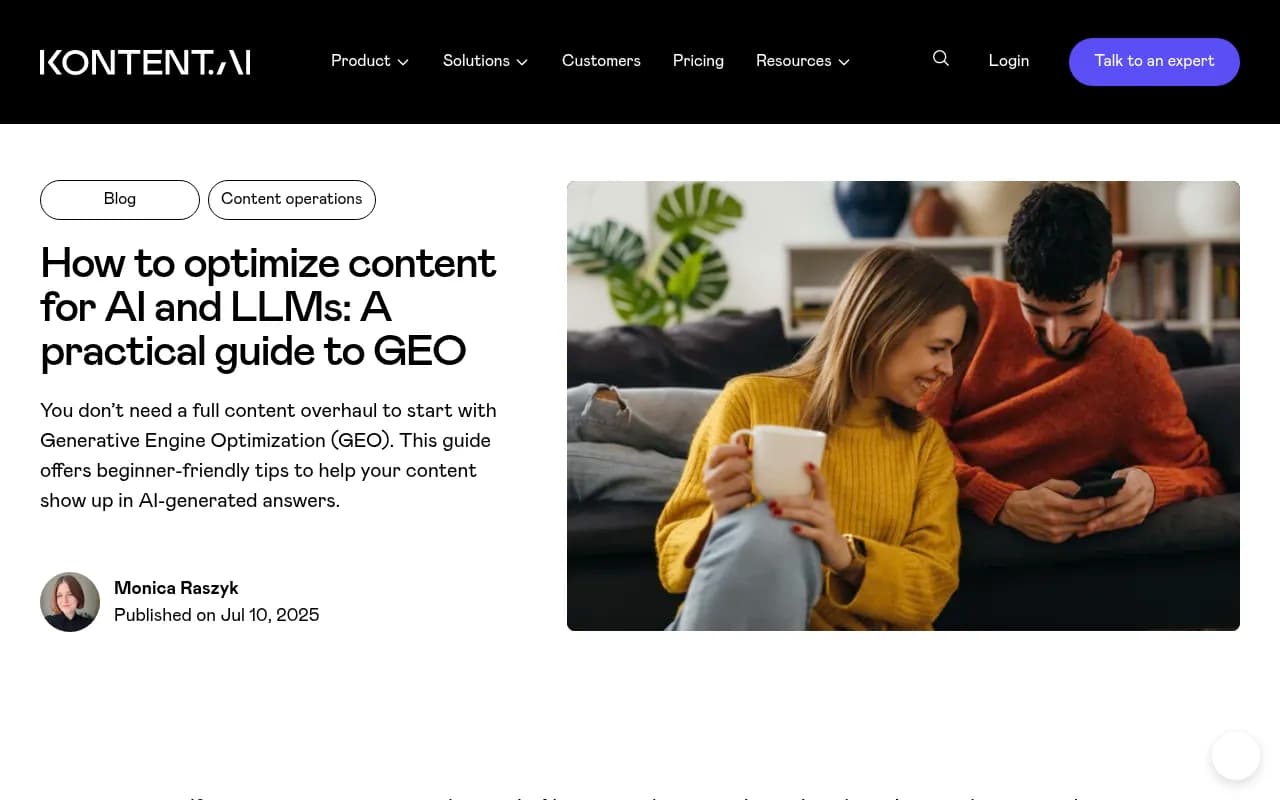 Kontent.ai's practical GEO guide, with advice on formats LLMs quote reliably