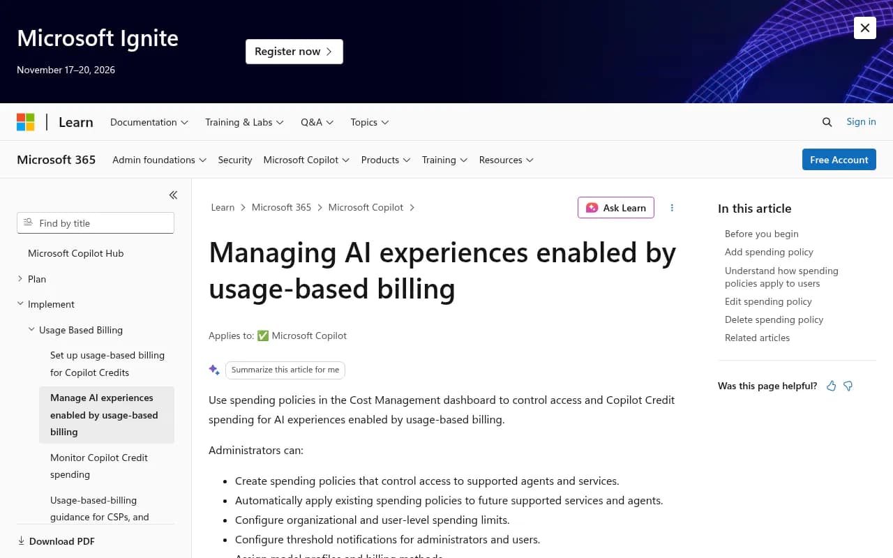 Microsoft Learn's documentation page for managing Copilot Credit spending policies and cost limits