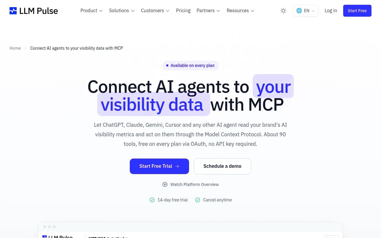LLM Pulse's MCP setup screen showing the connector URL and client options for ChatGPT, Claude, Gemini, and Cursor