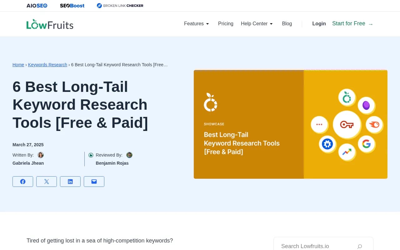 LowFruits blog roundup page on long-tail keyword research tools