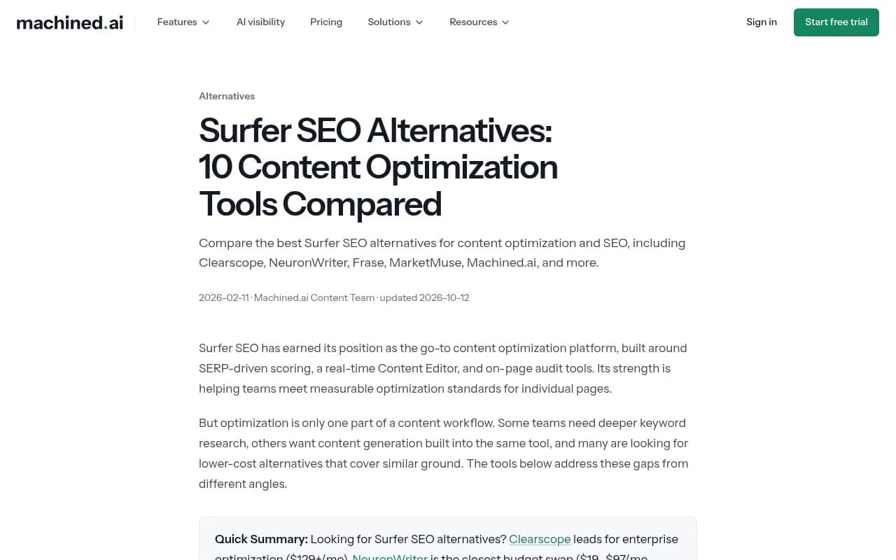 Machined.ai comparison of Surfer SEO alternatives, grouping tools by the job they do