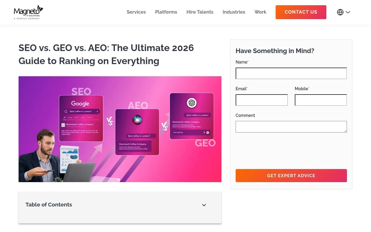 SEO vs GEO vs AEO comparison guide showing how the three disciplines relate
