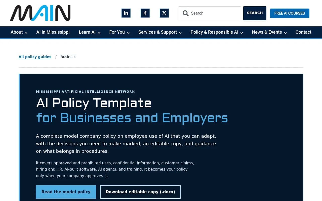 MAIN's free business AI policy template showing a sixteen-section model policy and a starting-point table by company size