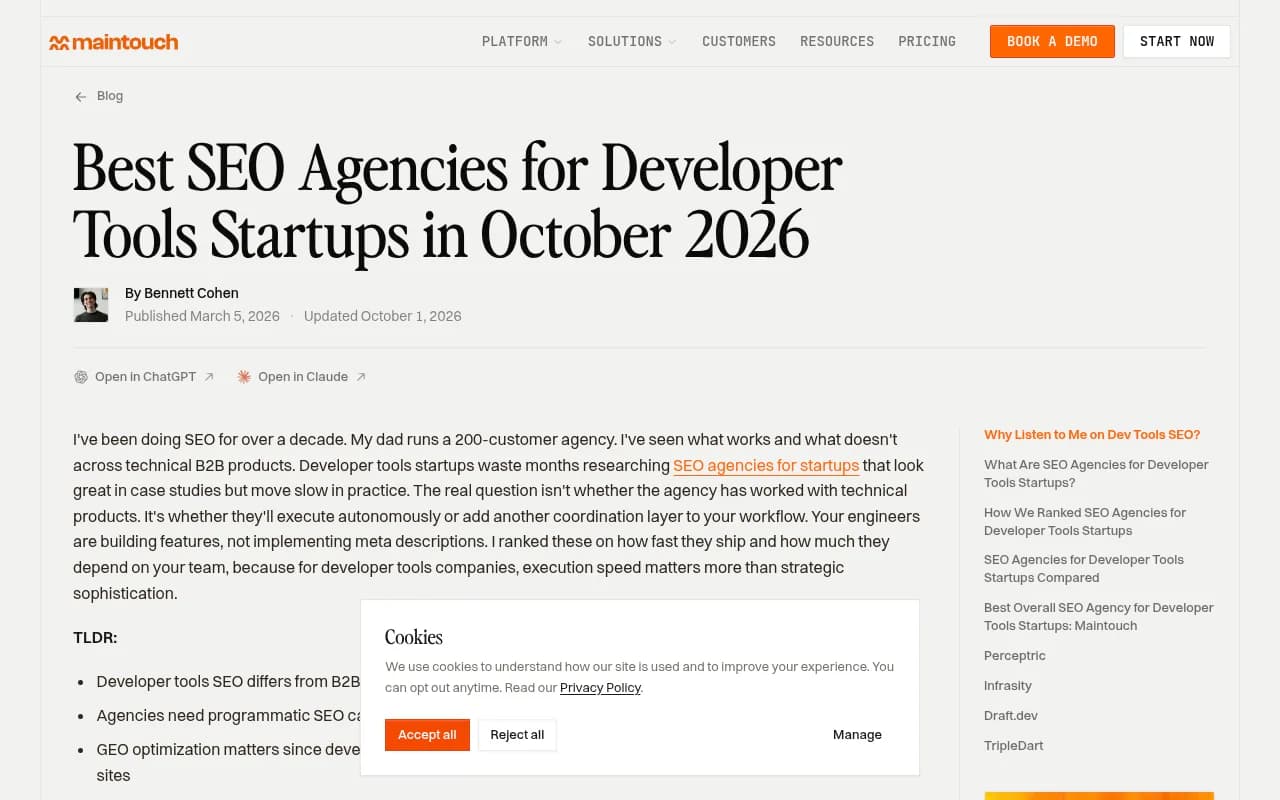 Maintouch's comparison of SEO agencies for developer tools startups, ranked by execution speed