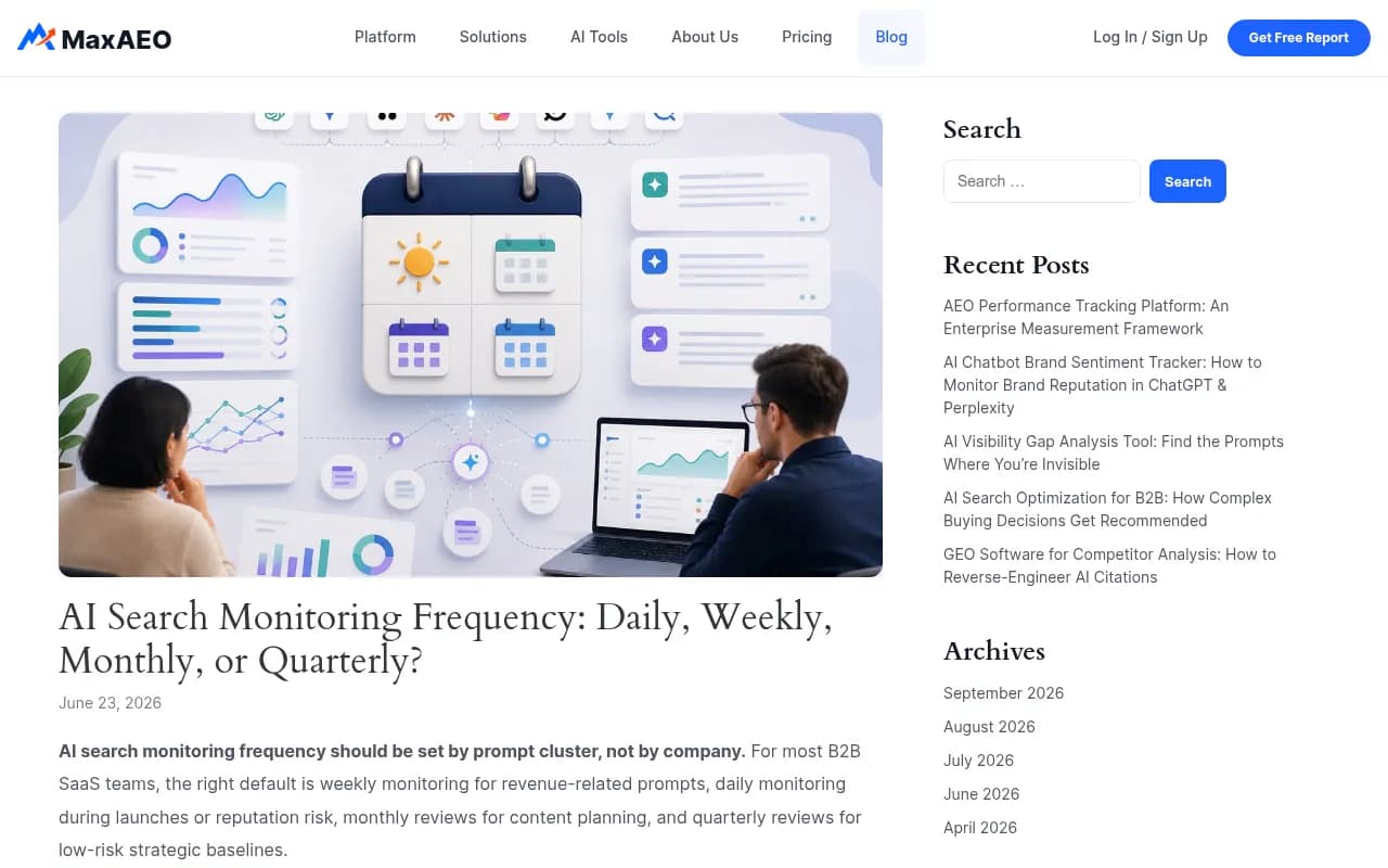 AI search monitoring frequency guidance broken down by cadence and use case
