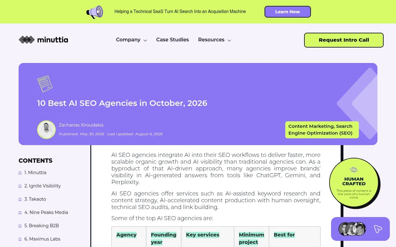 Minuttia's list of the best AI SEO agencies, ranking itself first