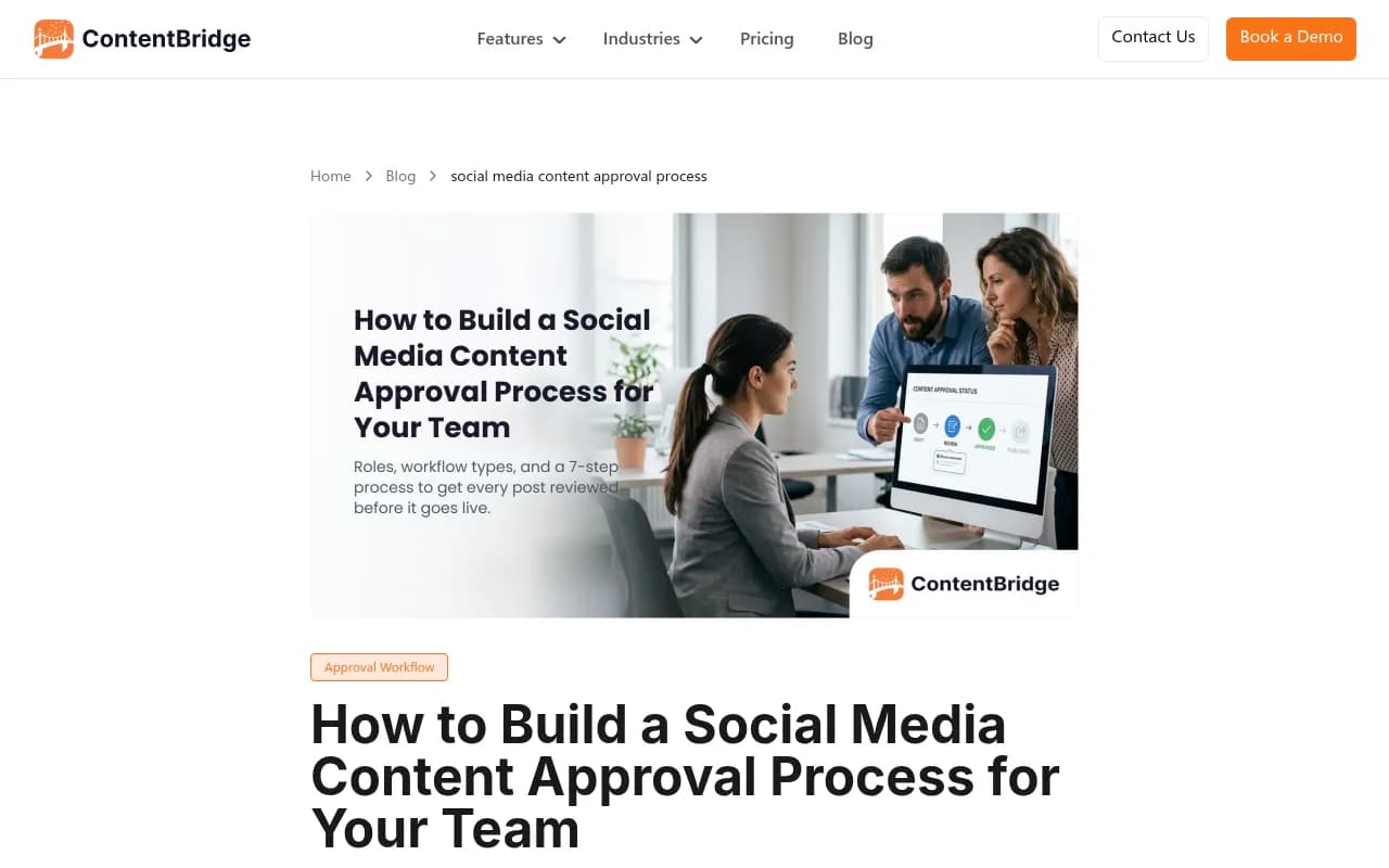 A step-by-step social media approval process guide showing role assignments and workflow stages