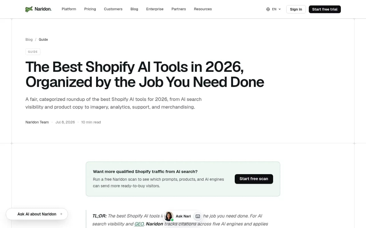 Naridon's roundup of Shopify AI tools organized by job to be done