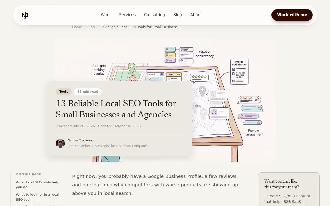 Screenshot of a roundup comparing local SEO tools by job, including rank tracking, citations and GBP optimization