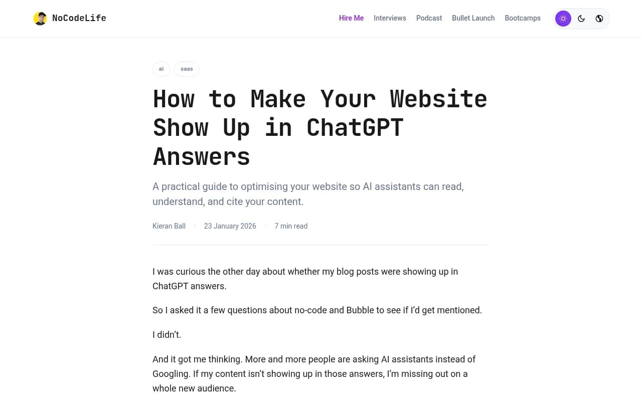 A practical guide to making websites show up in ChatGPT answers, covering llms.txt, structured data, and semantic HTML