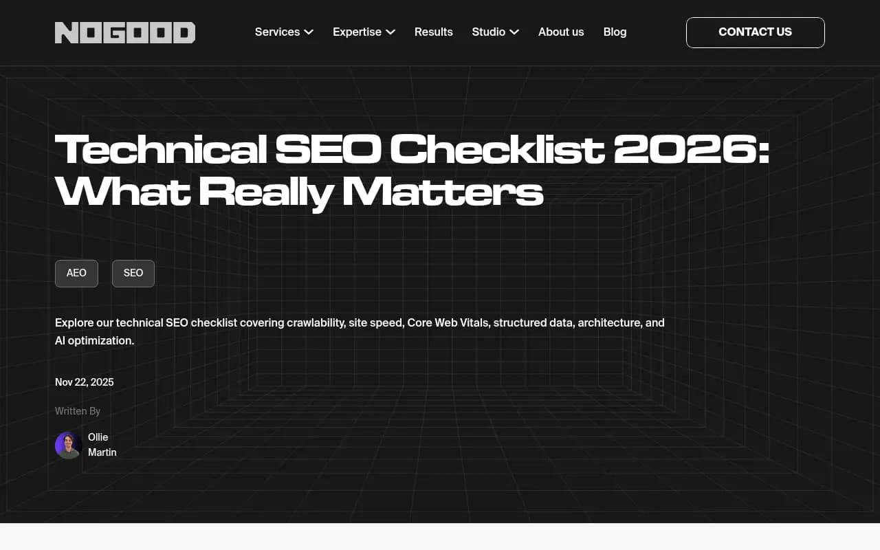 NoGood's technical SEO checklist covering crawlability, Core Web Vitals, structured data and AI optimization
