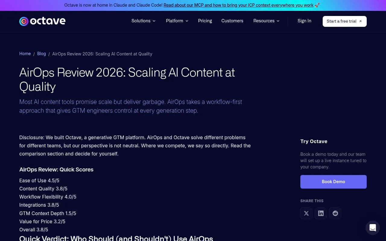 Screenshot of Octave's 2026 review of AirOps discussing content quality at scale