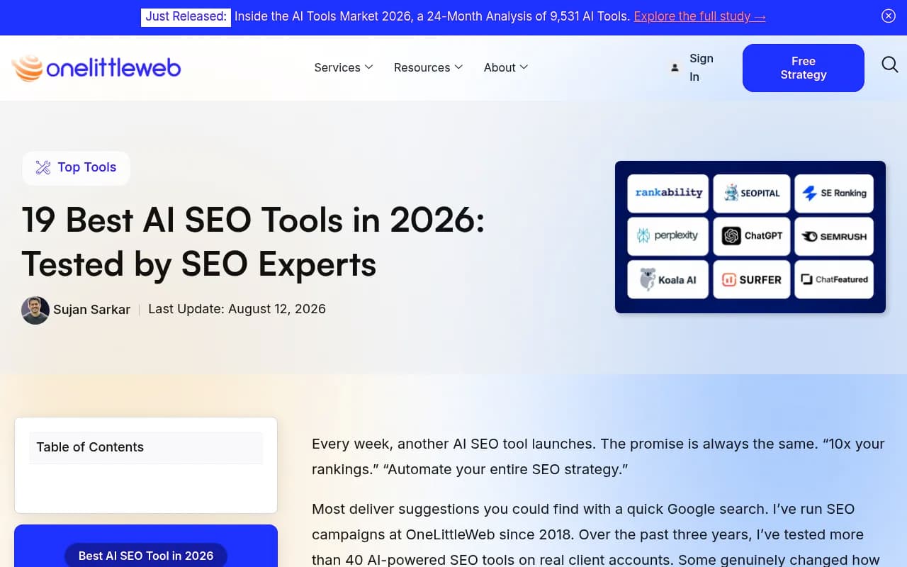 OneLittleWeb's roundup of 19 AI SEO tools, with a summary table and evaluation criteria