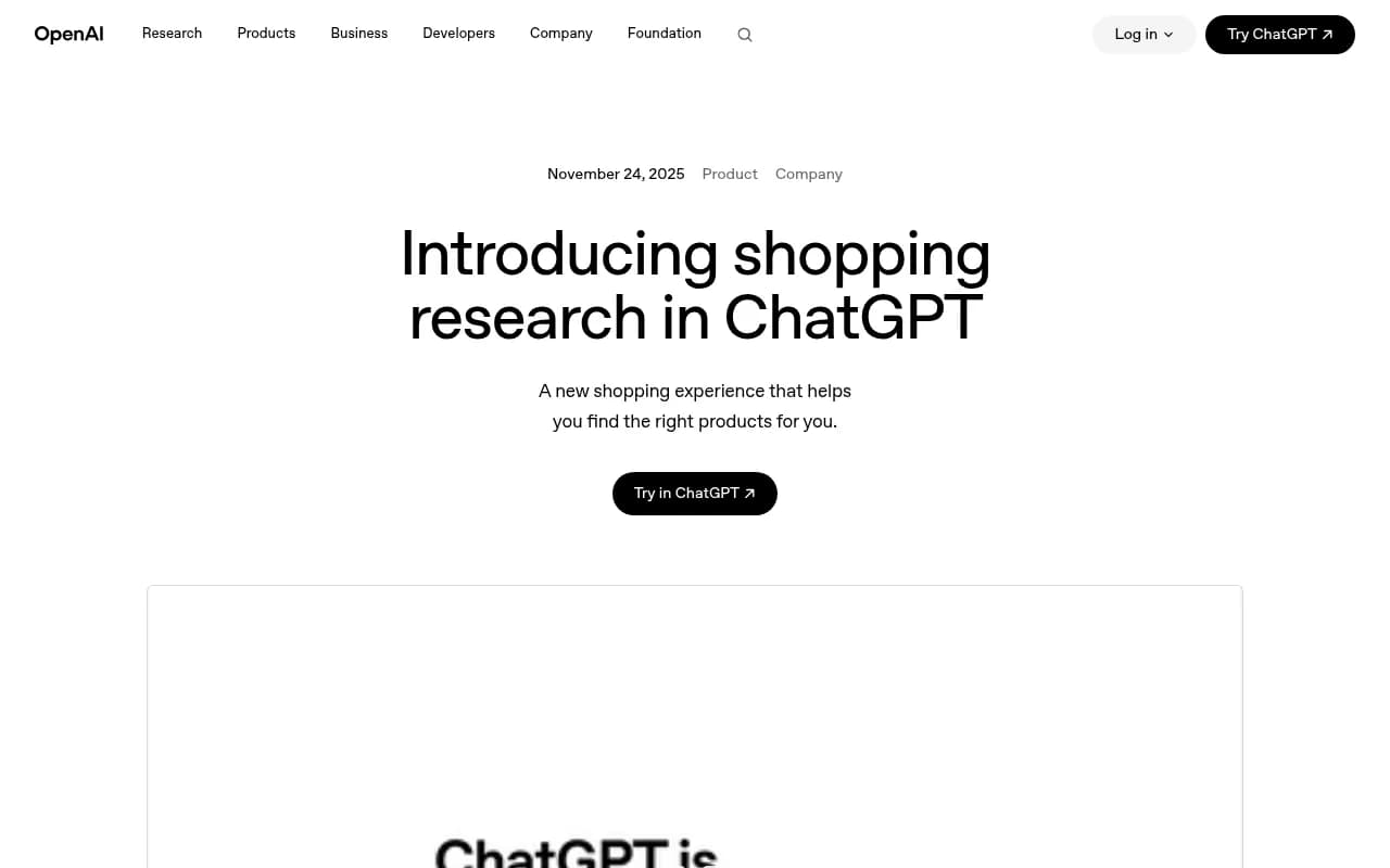 OpenAI's official announcement of shopping research in ChatGPT, showing the product discovery interface