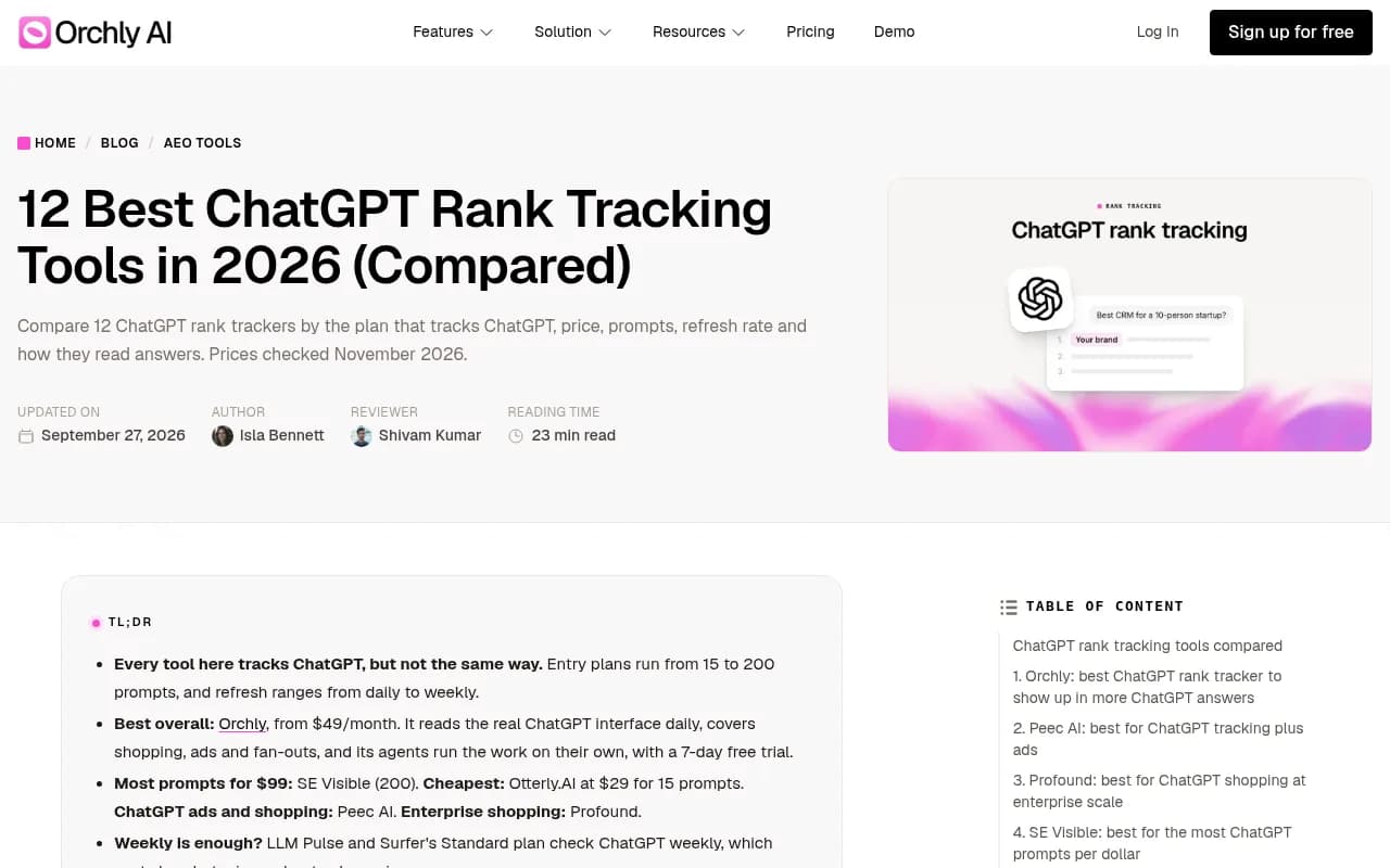 Orchly's comparison of 12 ChatGPT rank trackers, with price, prompts, refresh rate and collection method for each