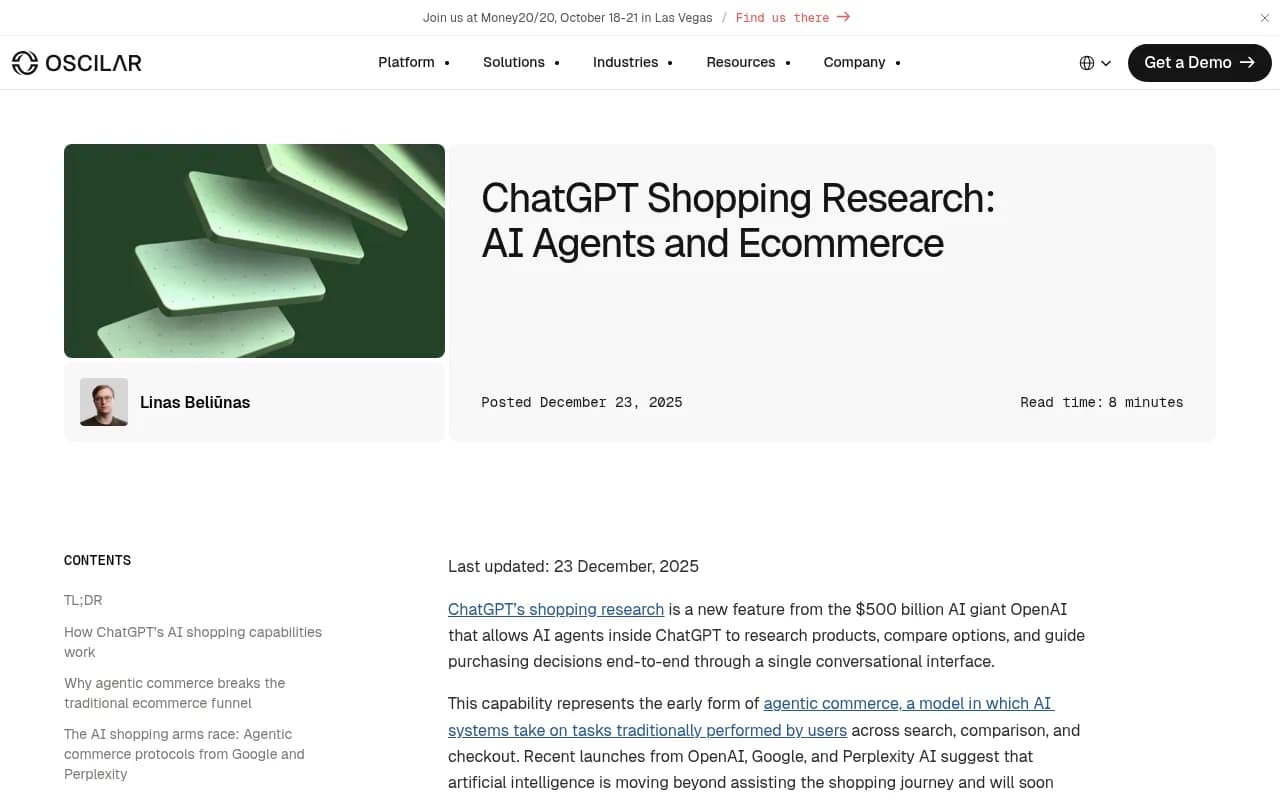 Oscilar's analysis of ChatGPT shopping research and its implications for agentic commerce infrastructure
