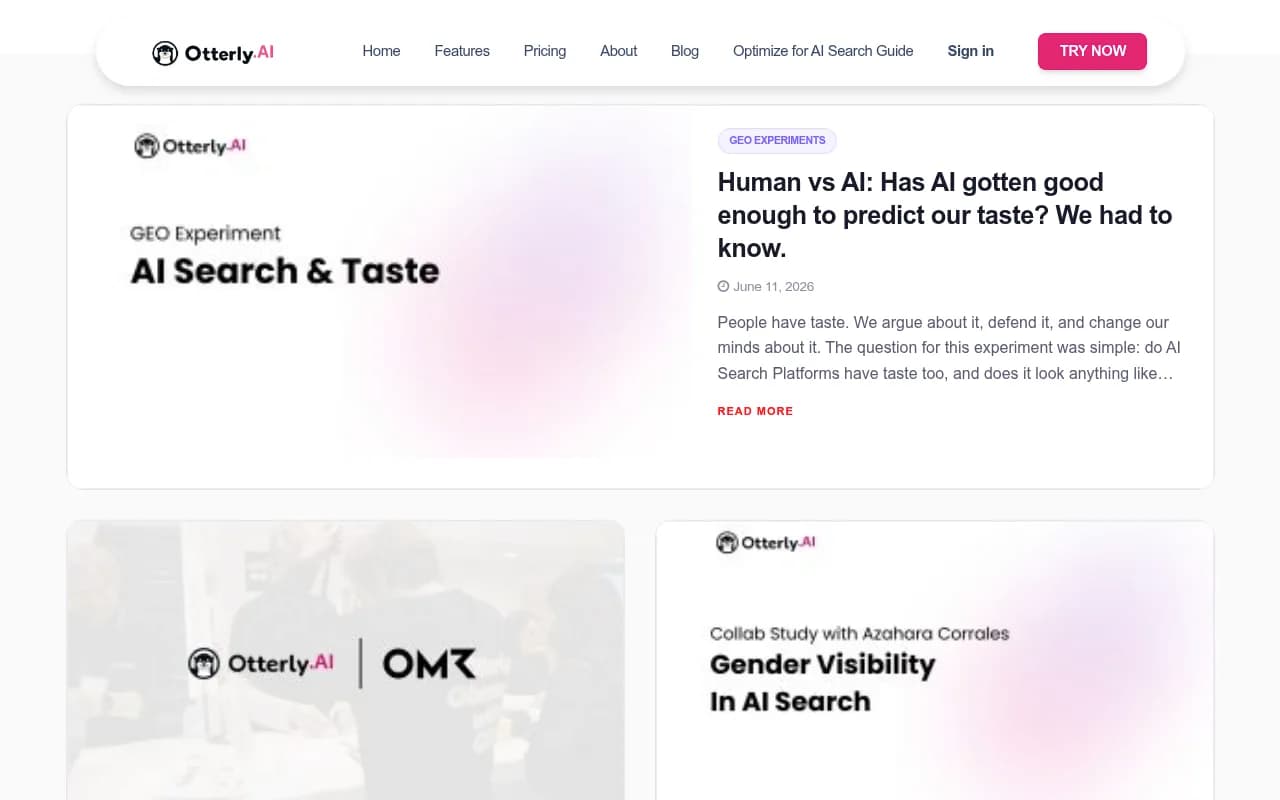 Otterly.AI blog and research hub showing recent GEO experiments and AI search studies