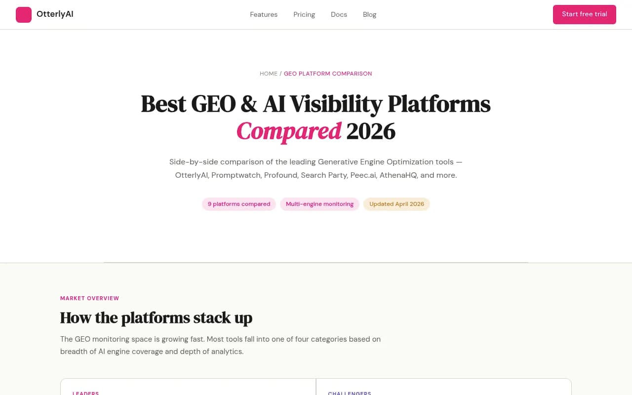 Otterly.AI's 2026 GEO platform comparison showing feature matrix across nine platforms