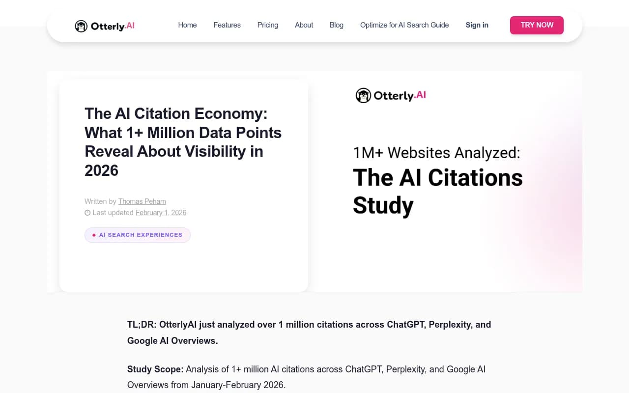 Otterly.AI's 2026 AI citation report showing citation distribution across ChatGPT, Perplexity, and Google AI Overviews