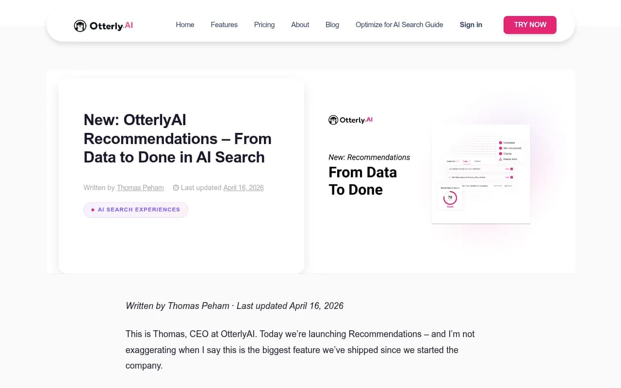 Otterly.AI's new Recommendations feature interface showing actionable suggestions based on brand report data