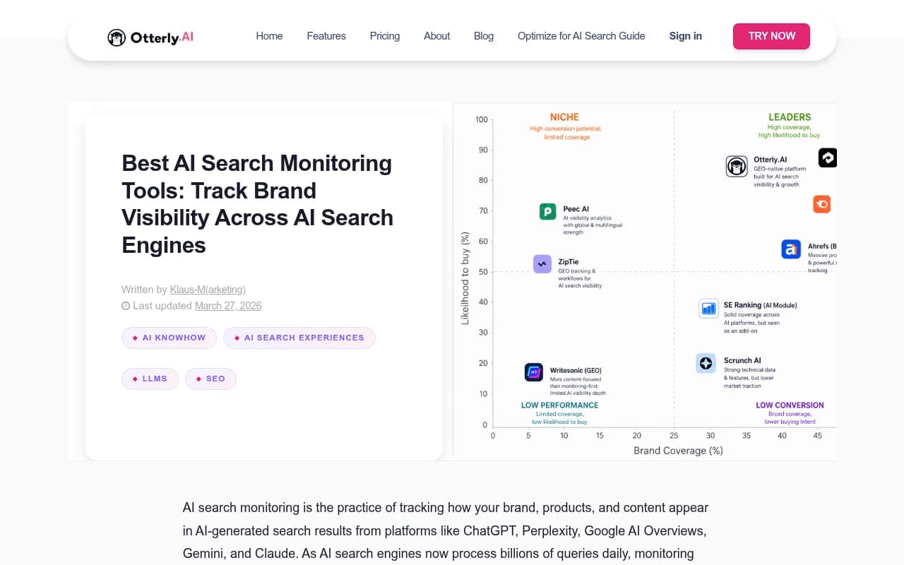 OtterlyAI's AI search monitoring interface showing brand visibility tracking across AI engines