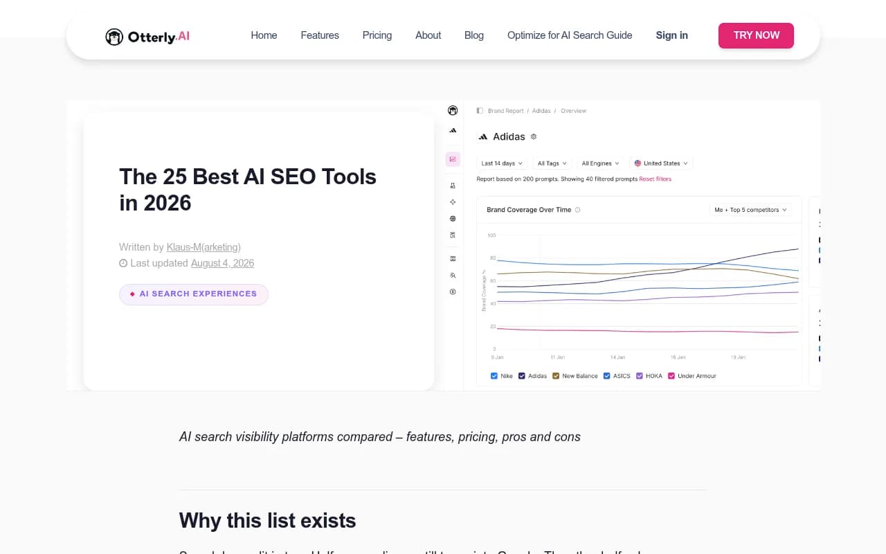 Comparison chart showing 25 AI SEO tools including Otterly.AI, Peec AI, and Scrunch AI with pricing and coverage