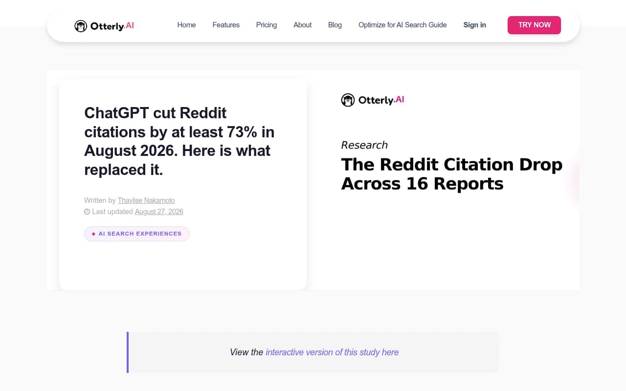 Otterly's study of ChatGPT Reddit citations across 16 brand reports, with the citation volume control