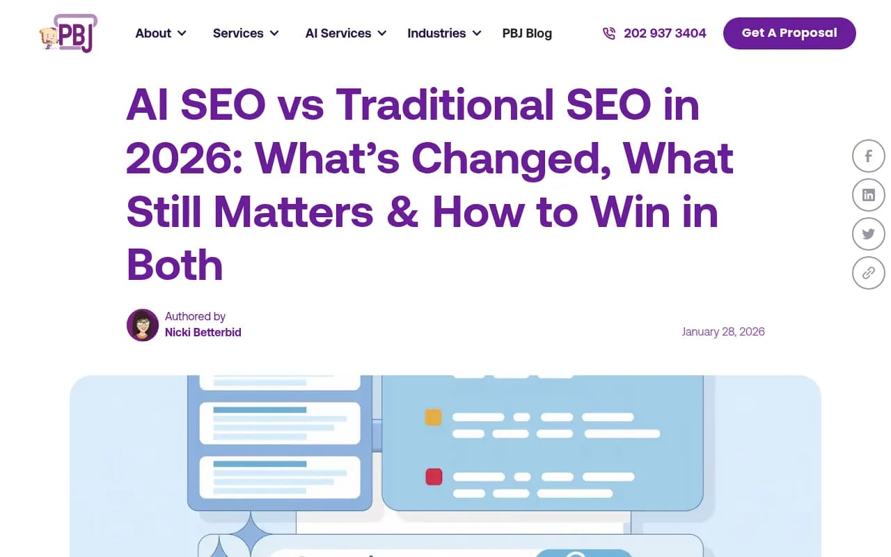 PBJ Marketing's 2026 breakdown of what has changed and what still matters in AI SEO versus traditional SEO
